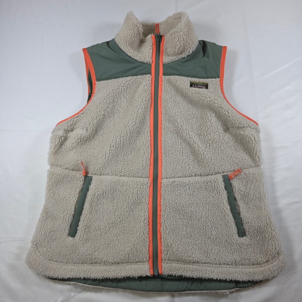 LL Bean Hi-Pile Sherpa Fleece Vest XL Cream Green Orange Zip Up 519066 Mens